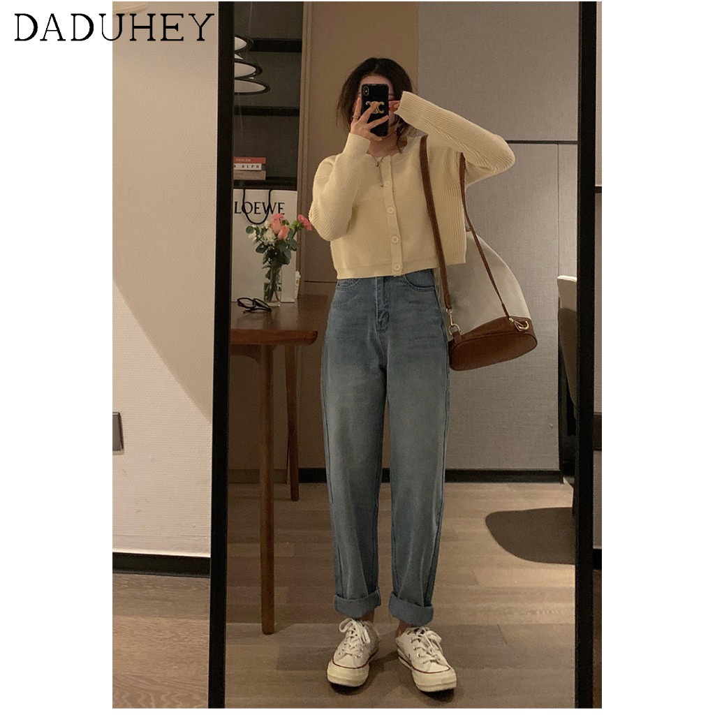 Daduhey Quần jean nữ ống rộng cạp cao cá tính thời trang mùa thu
