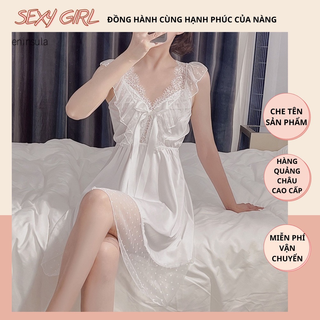 Váy ngủ lụa trắng phong cách tiểu thư , công chúa dáng dài cổ chữ V xẻ sâu sexy ren bèo nơ ngực