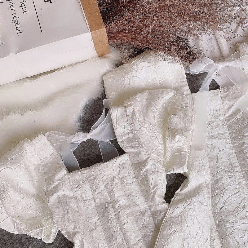 Đầm tay bồng gấm nơ lưng 2 màu | BigBuy360 - bigbuy360.vn