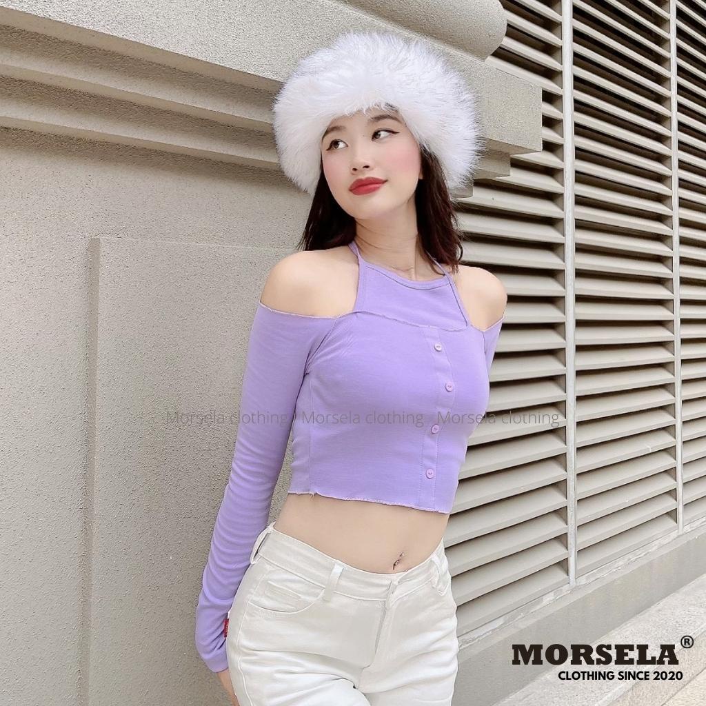 Áo thun croptop tay dài ôm body cột dây cổ yếm dáng trễ vai Sexy theo phong cách Hàn Quốc -Áo crop top nữ kiểu - Morsela