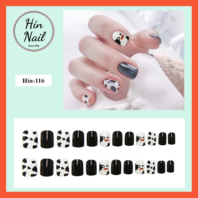 móng giả kèm keo dán Hin Nail nails box 24 móng tay giả họa tiết bò sữa