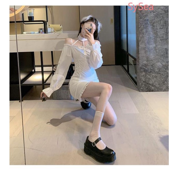 Đầm trễ vai màu trắng phong cách retro Pháp cho nữ tùy chọn kích thước