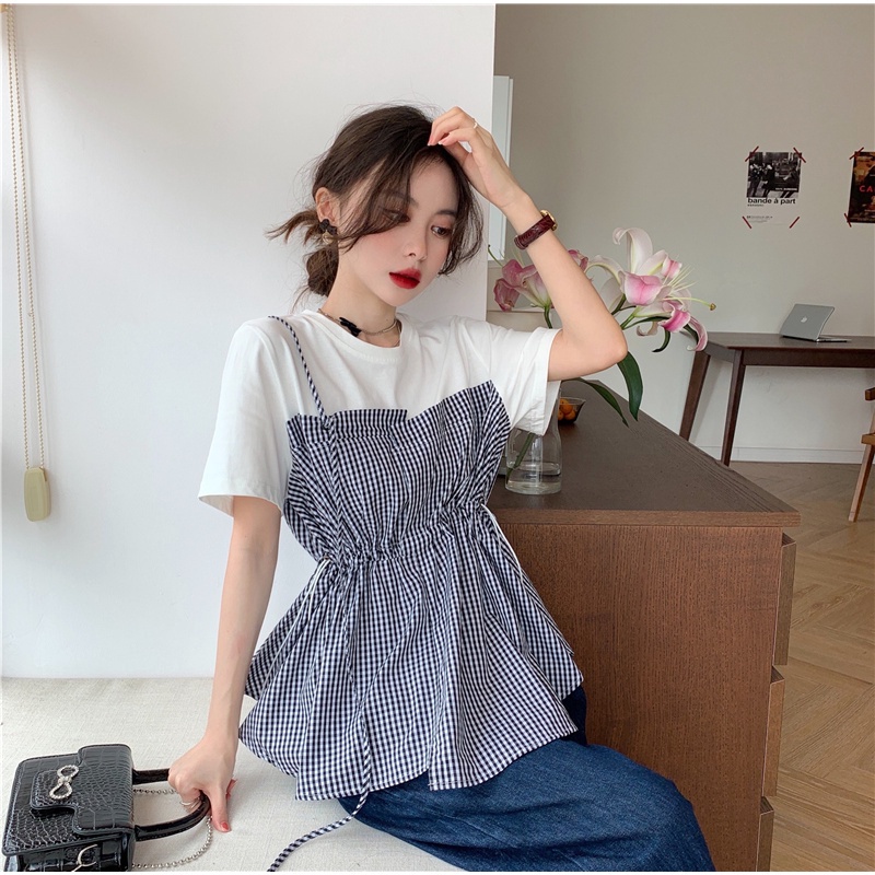 Áo thun tay ngắn cổ tròn in họa tiết sọc caro đơn giản