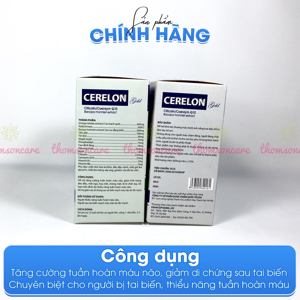 Cerelon Gold - Hoạt huyết dưỡng não, hỗ trợ giảm rối loạn tiền đình - Hộp 100 viên từ Ginko biloba và Citicolin