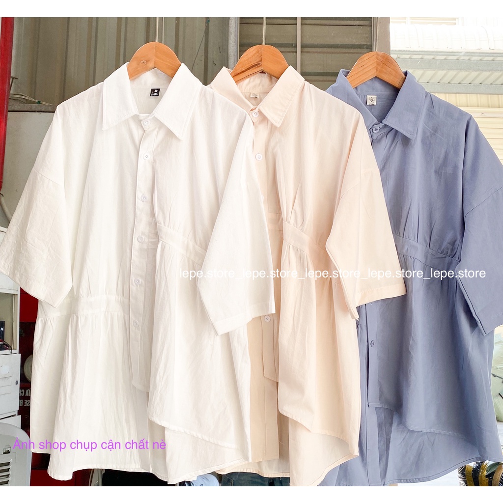 [SẴN] Áo sơ mi cộc tay vạt lệch nhún cách điệu chất đũi mát mẻ cực sịn màu trắng kem vintage(Ảnh thật) | BigBuy360 - bigbuy360.vn