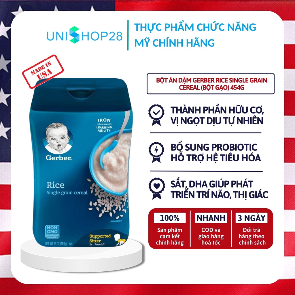 ☽♟Bột ăn dặm Gerber Rice Single Grain Cereal (bột gạo) 454g, Hàng nhập Mỹ