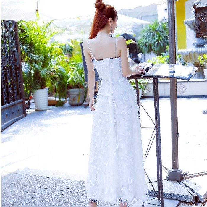 Đầm váy dự tiệc dài 2 dây cổ V lông cotton đen trắng bigsize dạ hội đám cưới giá rẻ đẹp | WebRaoVat - webraovat.net.vn