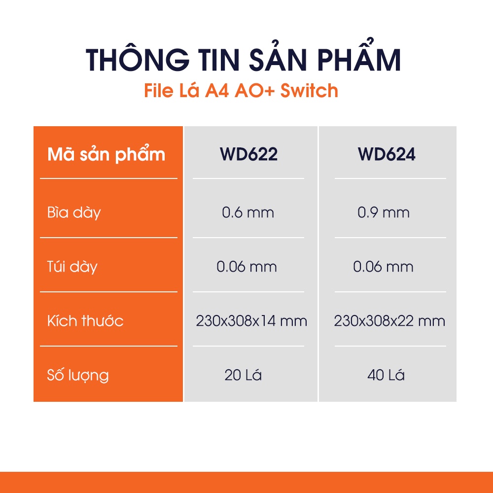 Bìa Lá A4 Switch ON AO+, Túi Dày 0.06 mm  - WD622/WD624