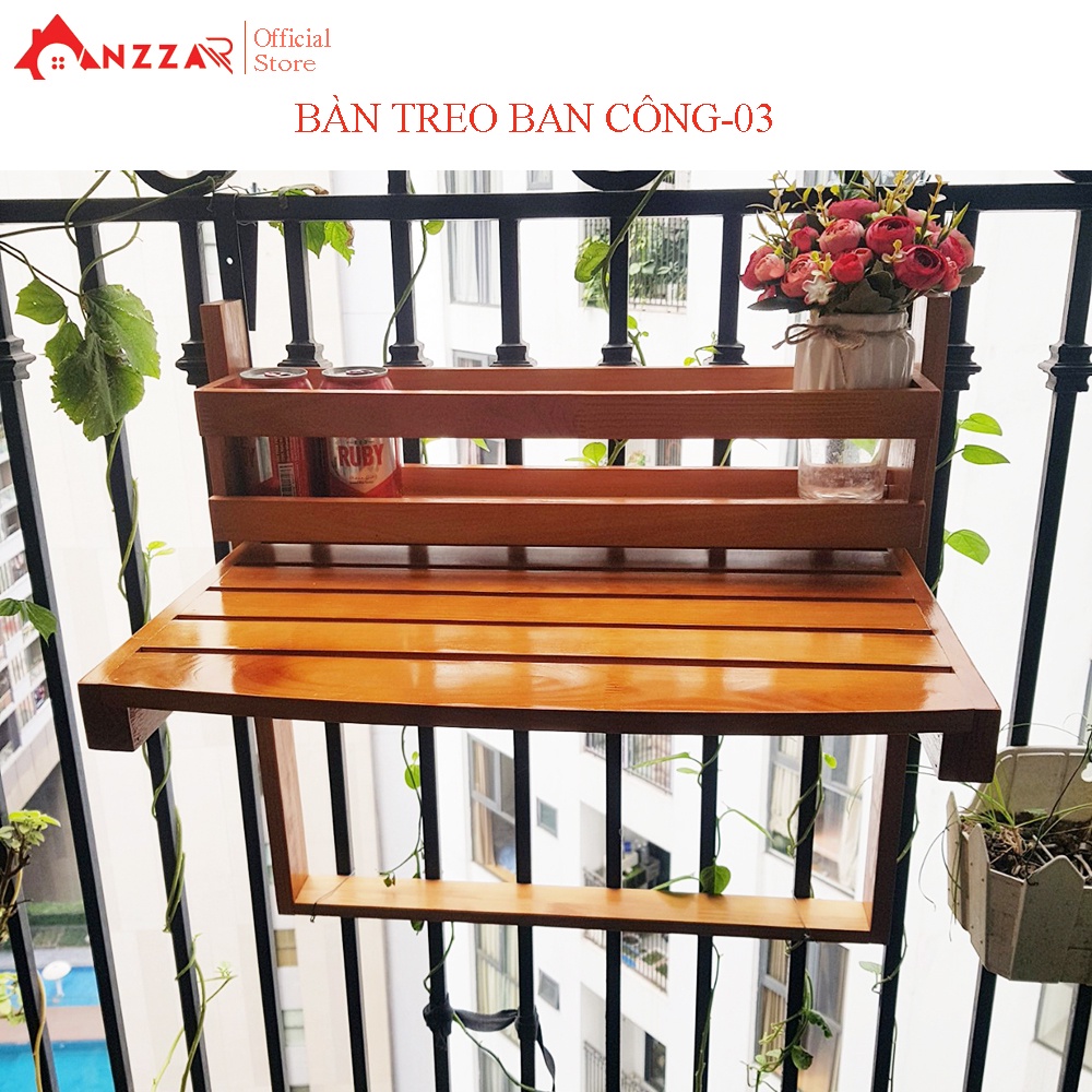 Bàn gỗ treo ban công Anzzar hình bán nguyệt, gấp gọn, kích thước D56xR35cm, chất liệu gỗ thông nhập khẩu cao cấp BBC-03