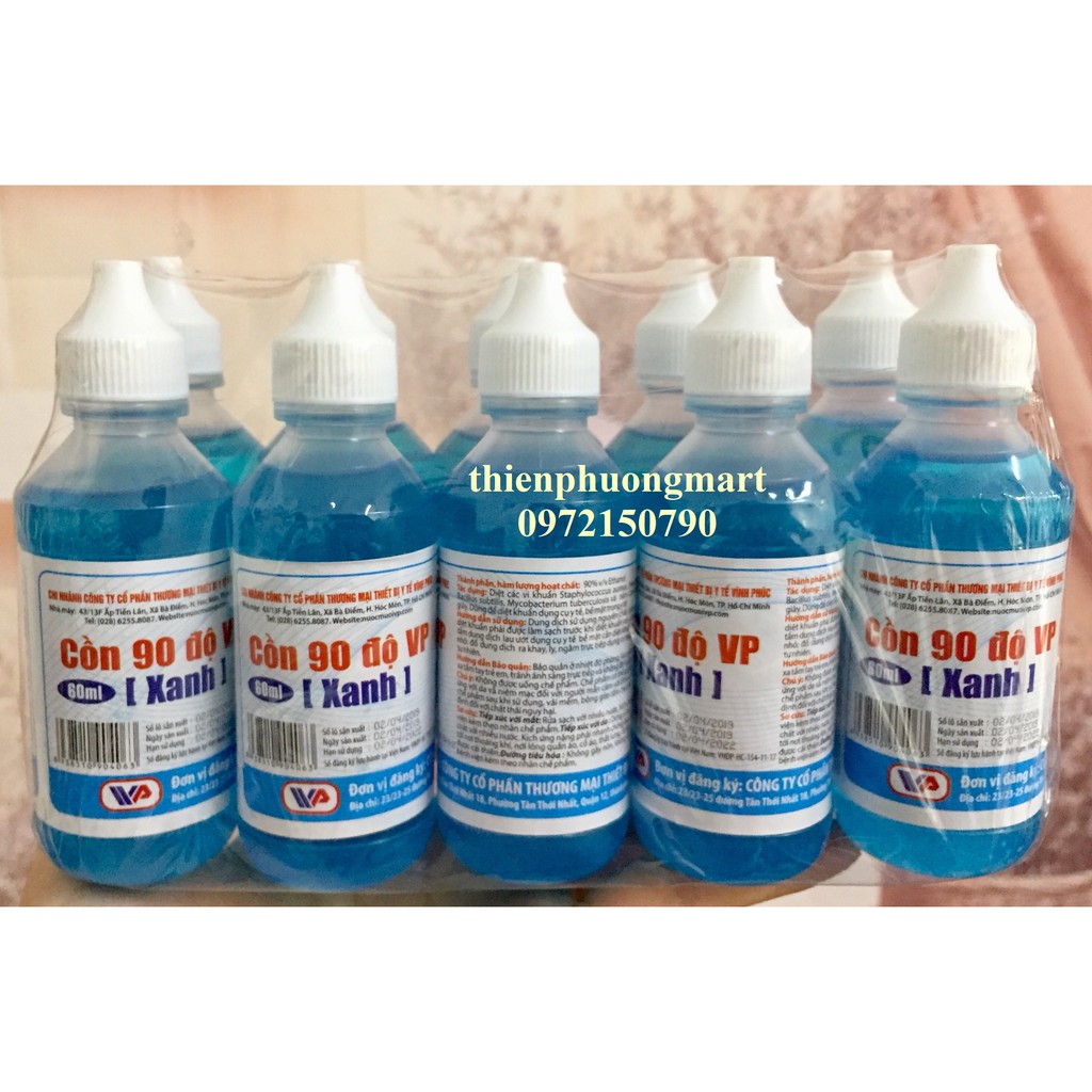 Cồn xanh Vĩnh Phúc 90 độ 60ml lốc 10 chai - Cồn Xanh 90 Độ VP