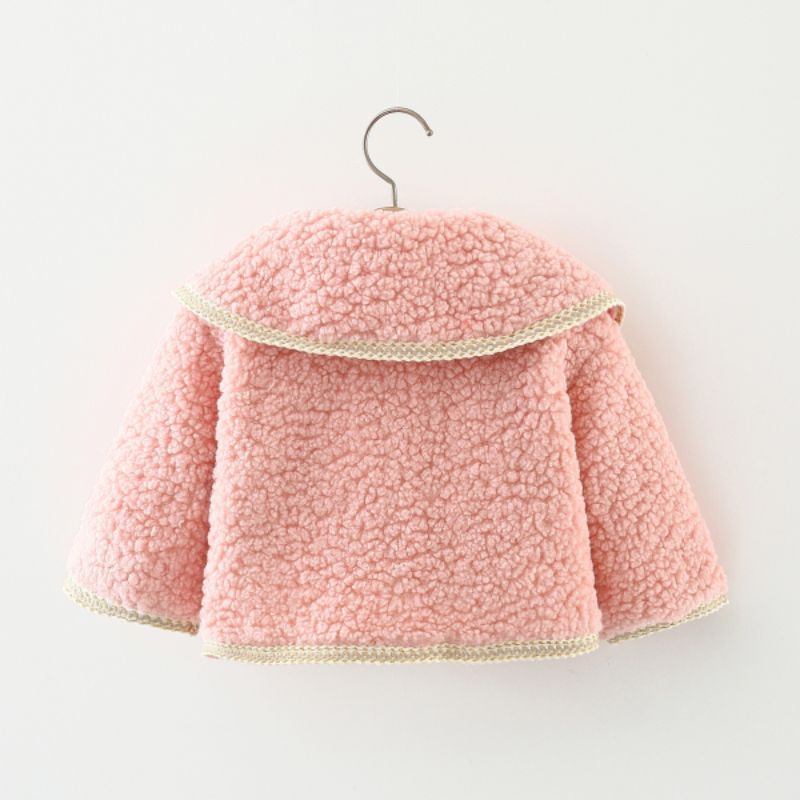 Áo khoác Mùa Đông Lông Xoắn Viền Ren Hai Túi Đắp Cho Bé Gái