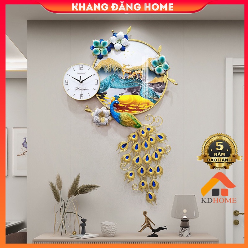 Đồng Hồ Decor Con Công Kết Hợp Tranh Kính Phù Điêu Treo Tường Trang Trí Phòng Khách Cao Cấp KD2920-1