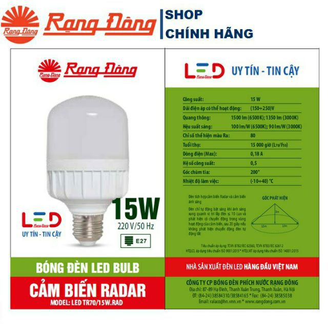 Bóng LED Trụ 15W Rạng Đông Cảm Biến RADAR ( Cảm Biến Chuyển Động )