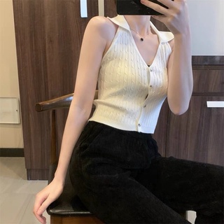 Áo len ba lỗ kiểu yếm cổ đức cài khuy croptop hàng QC