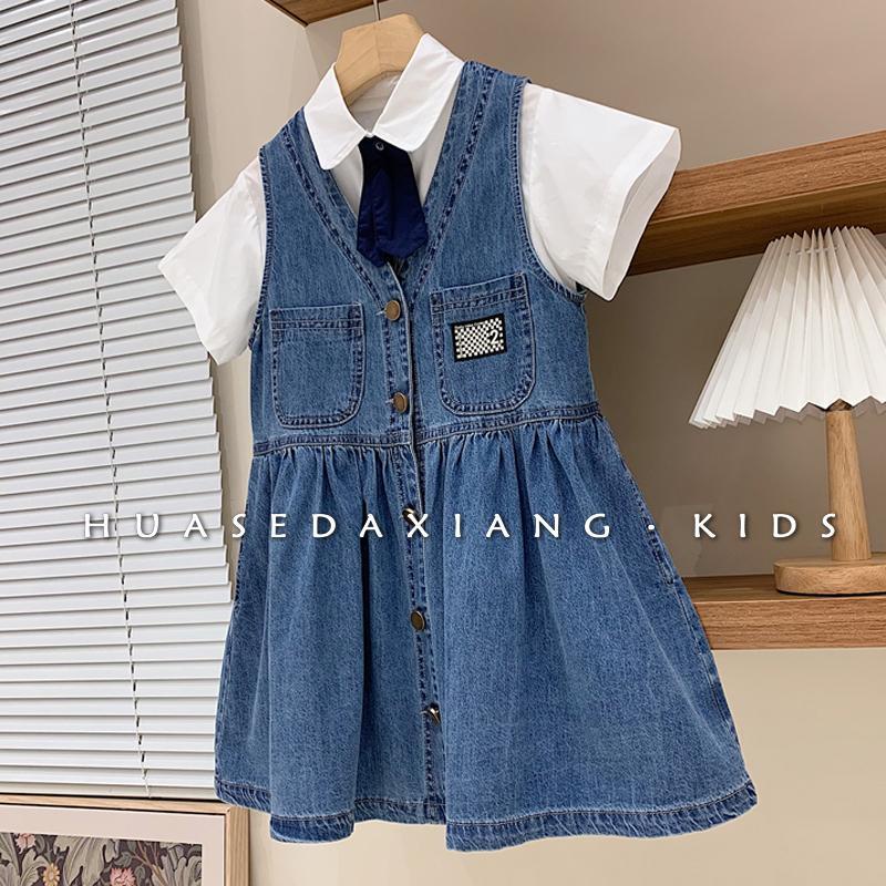 Bộ Áo Sơ Mi Tay Ngắn Và Quần Yếm Denim Thời Trang Mùa Hè Phong Cách Hàn Quốc Cho Bé Gái