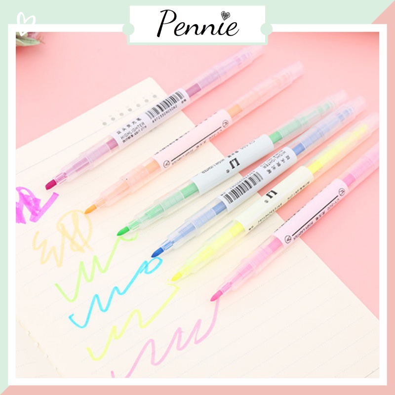 Pennie Set 6 bút dạ quang hai đầu dùng để đánh dấu ghi nhớ bài nhiều màu cho học sinh