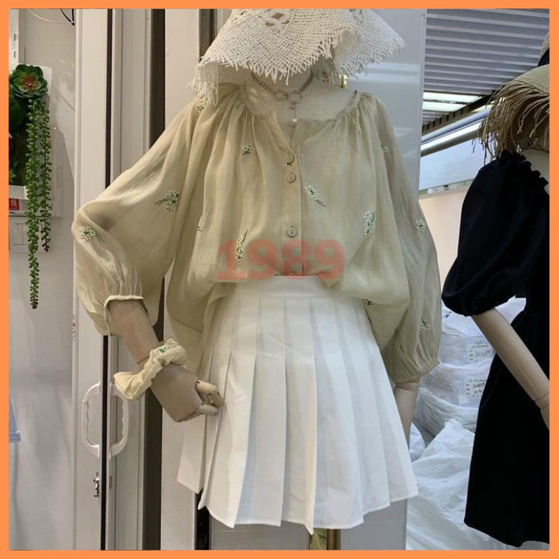 Áo babydoll dáng rộng thêu hoa tay bồng ẢNH THẬT chất đũi mềm min thoáng mát ULZZANG hàn quốc THỜI TRANG 1989