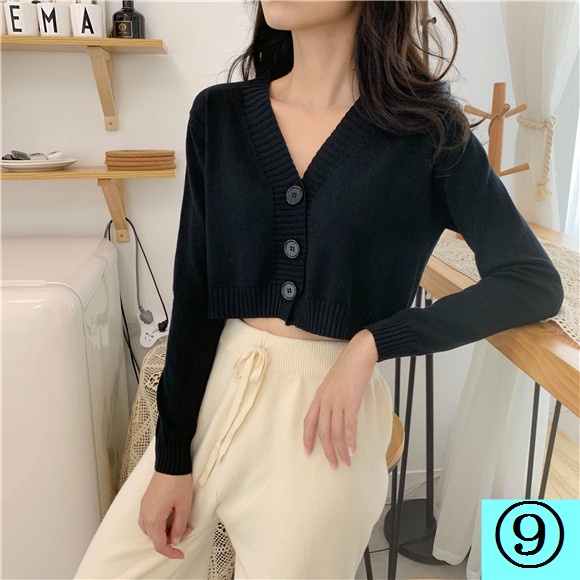 Áo Khoác Cardigan Dệt Kim Tay Dài Cổ Chữ v Lưng Cao Màu Xanh Bơ Thời Trang Cho Nữ