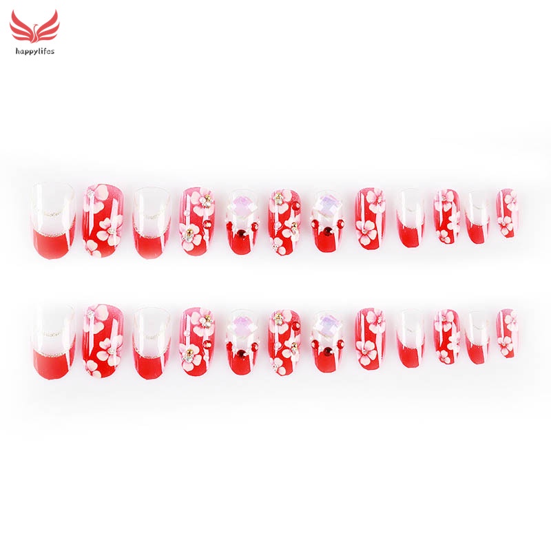 Set 24 Móng Tay Giả Đính Đá Lấp Lánh Màu Đỏ Kèm Miếng Dán Lưng Cho Cô Dâu