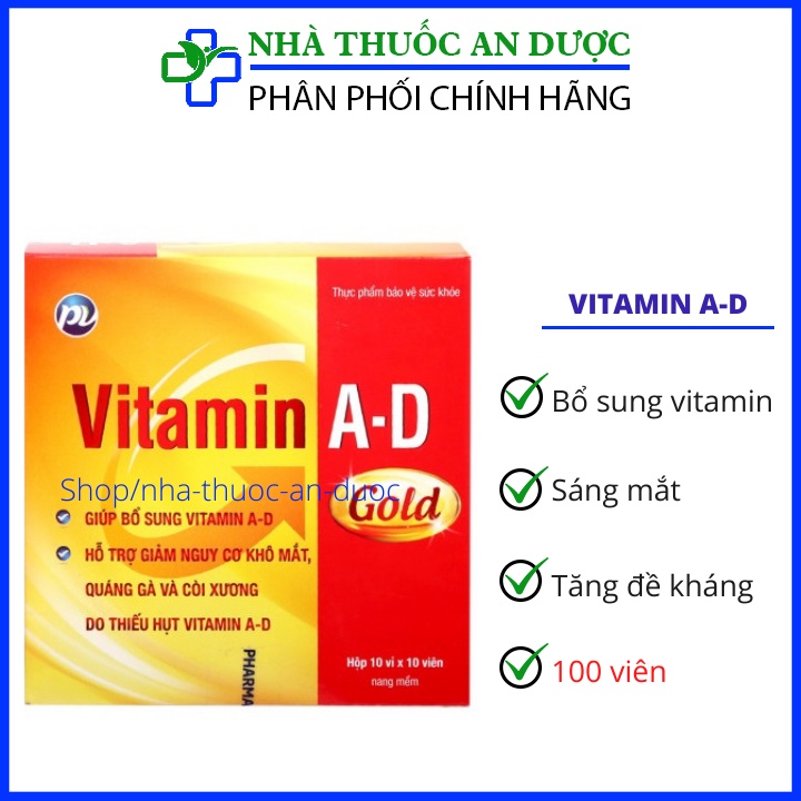 Vitamin A D Gold hỗ trợ giảm nguy cơ khô mắt, quáng gà và còi xương, trẻ em chậm lớn,người cao tuổi loãng xương hộp 100v