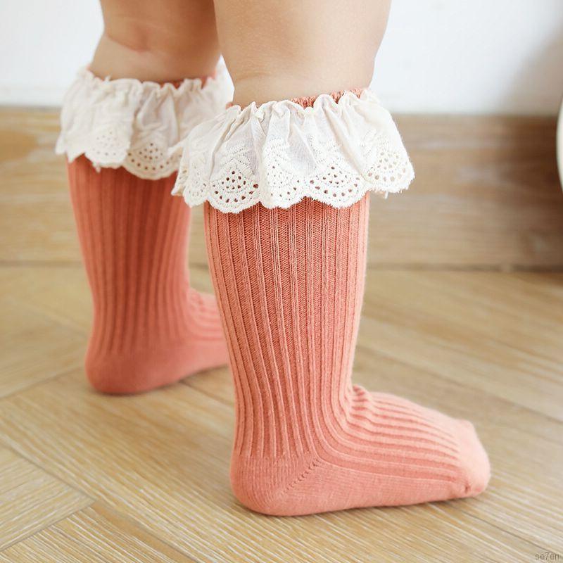 Tất cotton cổ cao phối ren dễ thương cho bé gái 0-3 tuổi