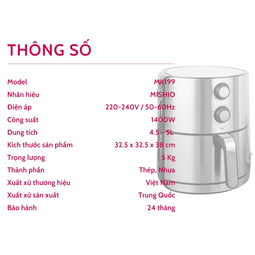 Nồi chiên không dầu inox MK199 4,5L cho gia đình từ 6 tới 8 người