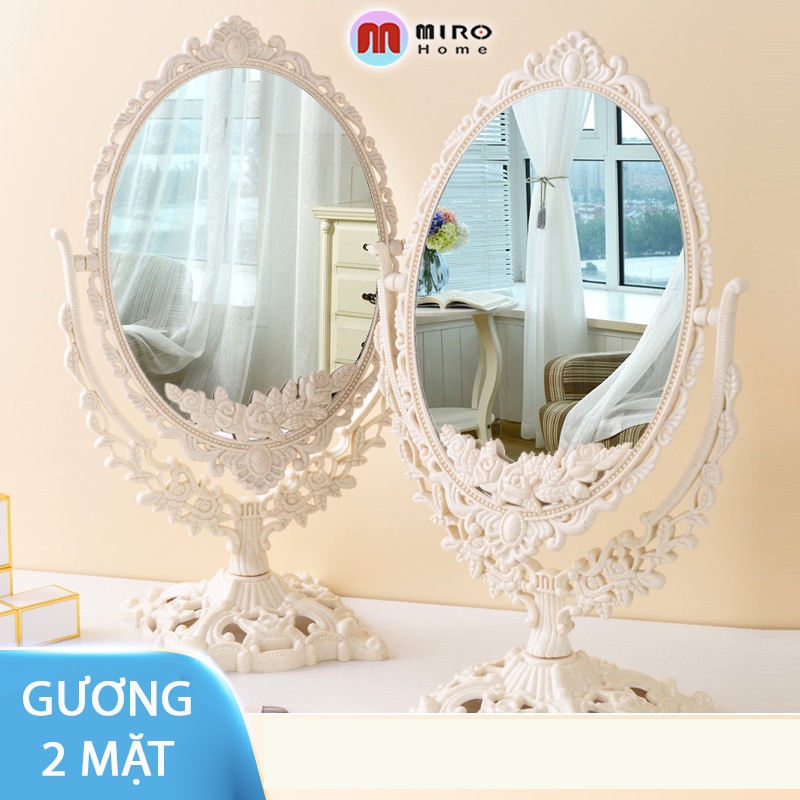 Gương trang điểm để bàn 2 mặt, gương công chúa vintage phong cách tiểu thư MIROHOME