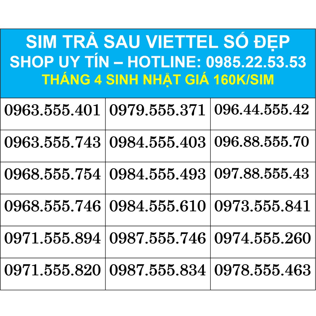 👉SIM TRẢ SAU VIETTEL SỐ ĐẸP TAM HOA 555 GIỮA