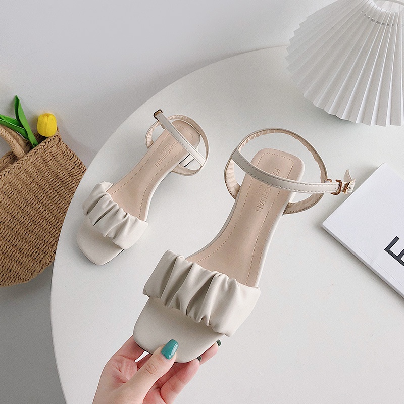 Giày sandal cao gót 3 phân phối quai xếp ly xinh xắn gót vuông