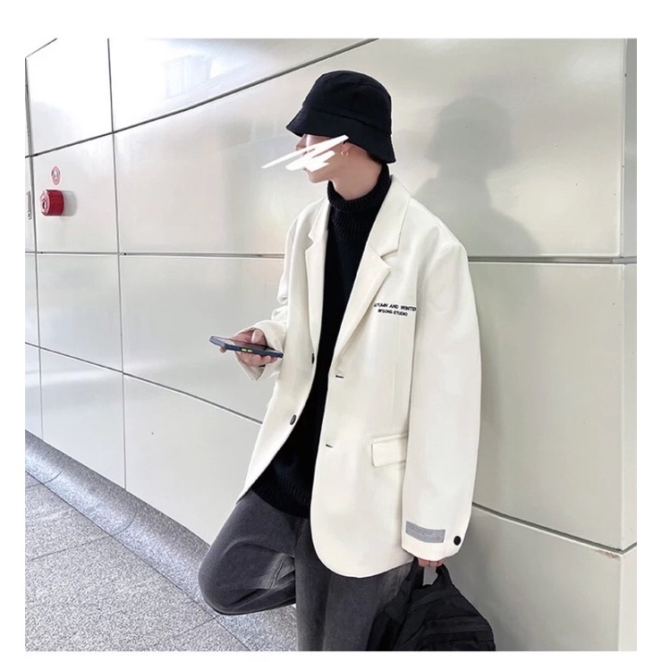 Áo Khoác Blazer Nam Nữ From Rộng Tay Dài,Phong Cách Hàn QuốcThời Trang Unisex Basic Cổ Vest Màu Đen Trắng