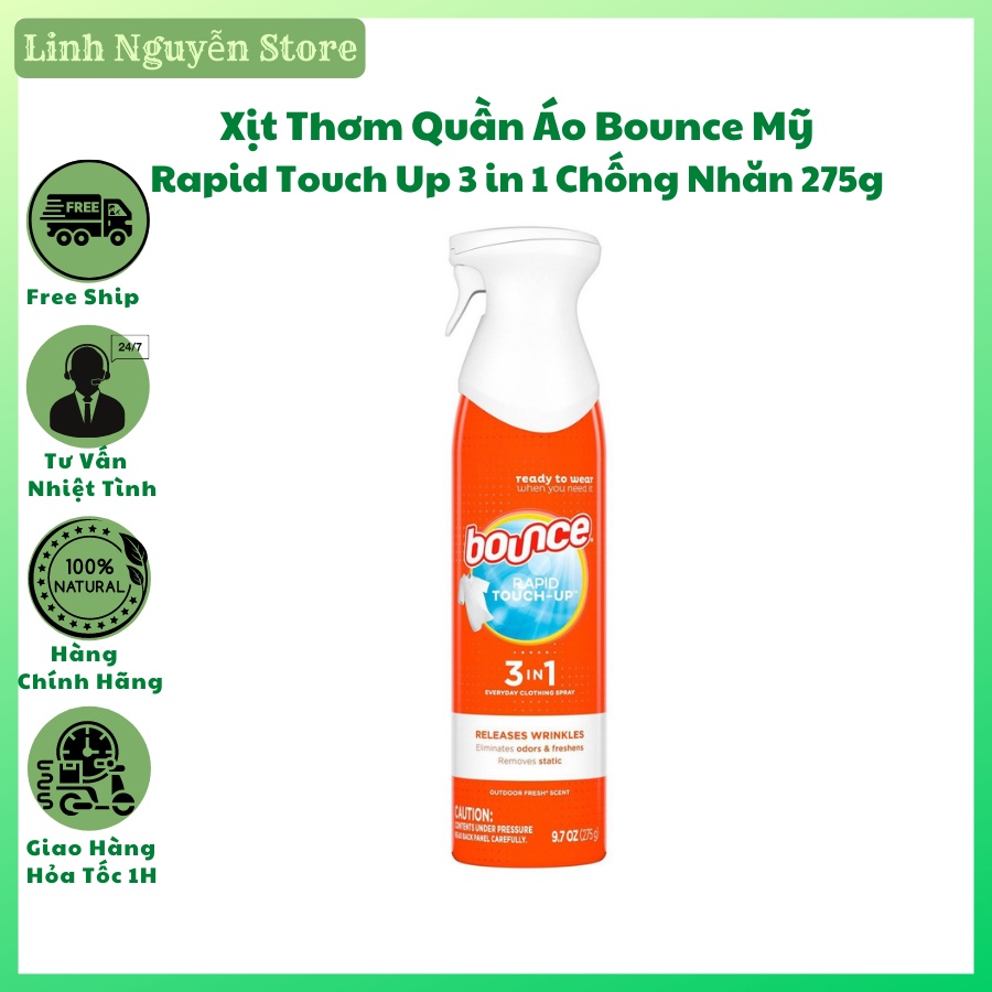 Xịt thơm quần áo Bounce Mỹ Rapid Touch Up 3 in 1 xịt trực tiếp giúp quần áo thơm thẳng chống nhăn khử mùi 275g