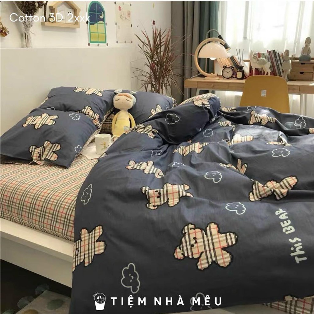 Set Vỏ Chăn Ga Gối Cotton 4 Món - Cotton 80% Gấu Teddy Hàn Hàng Cao Cấp Nhập Khẩu Mới 2021