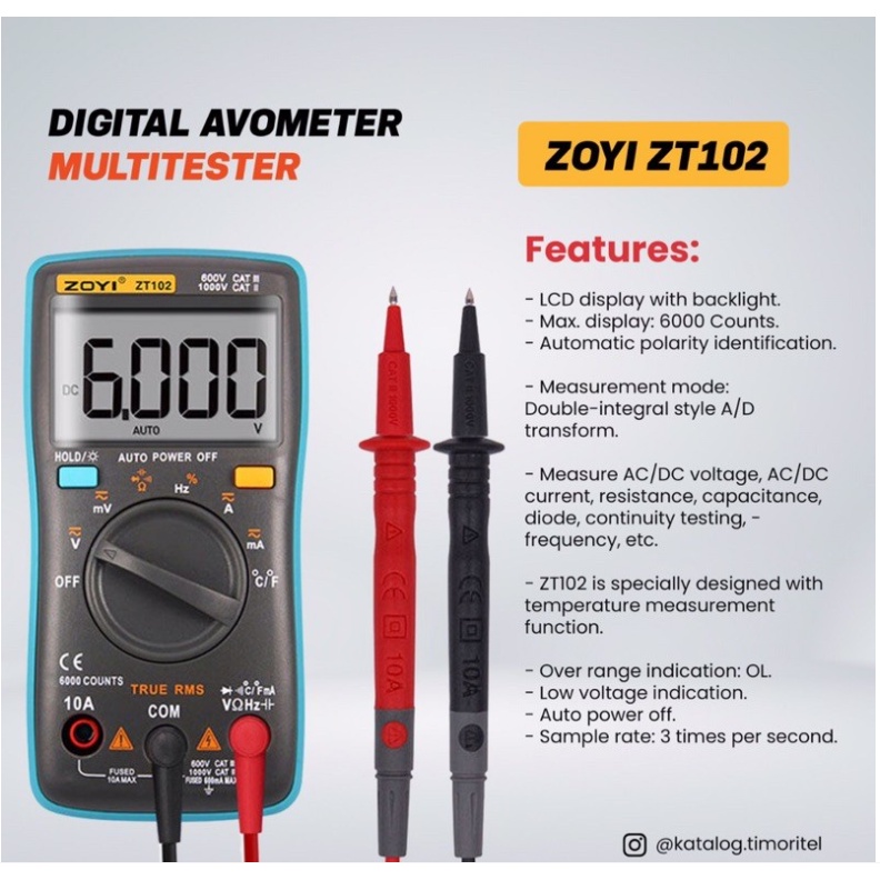 Đồng Hồ Đo Vạn Năng ZOYI ZT102 AC/DC Điện Áp Nhiệt Độ Ohm Diode Tần Số - Nhỏ Gọn - Nhiều Chức Năng - Tặng Kèm Pin BH12T