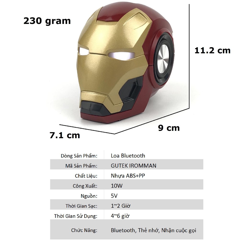 Loa Bluetooth Nghe Nhạc Đầu Iron Man Gutek