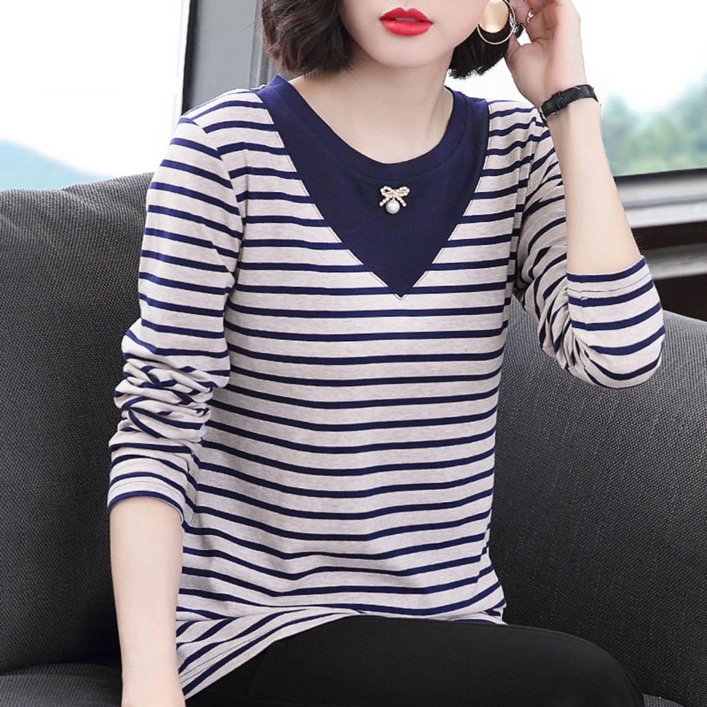 Áo Thun Tay Dài Dáng Rộng Kẻ Sọc Ngang Trẻ Trung Hợp Thời Trang Cho Nữ