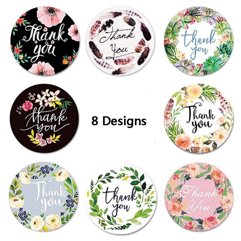 Cuộn 500 miếng dán in chữ Thank you với 8 thiết kế hoa xinh xắn dùng trang trí tiệc cưới thủ công
