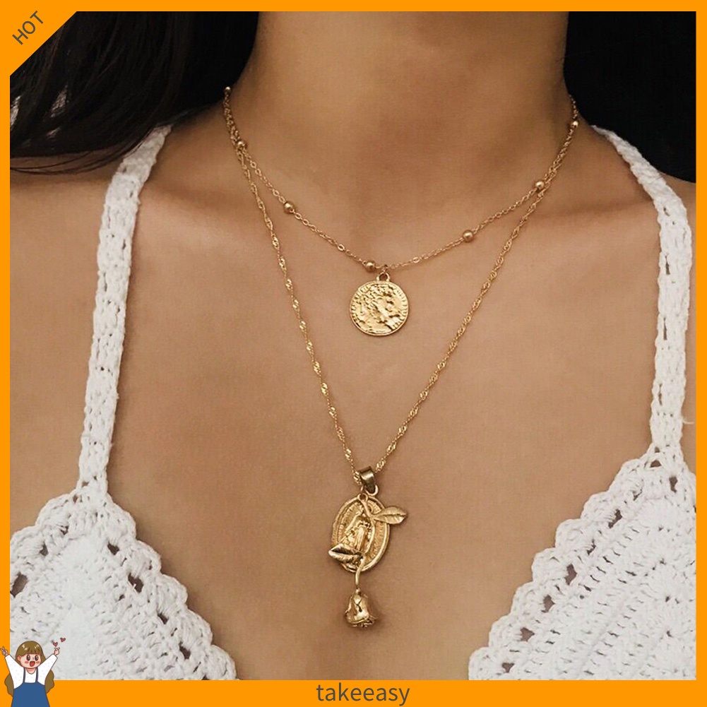 |Ta-ea| Vòng cổ Hai Lớp Mặt Hình Hoa Hồng Và Chúa Jesus Thời Trang Cho Nữ