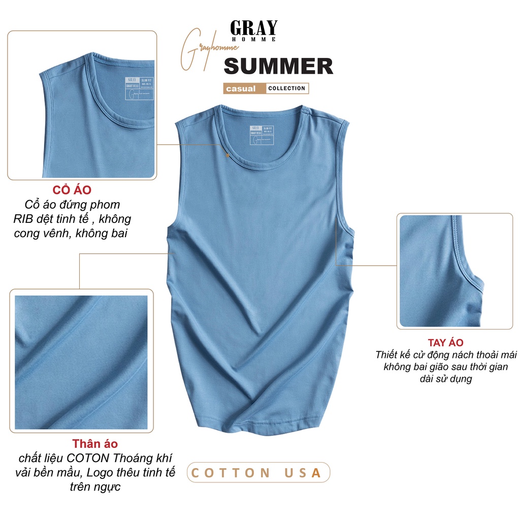 Áo Tanktop Nam GRAYHOMME Vải Cotton Tập Gym (9 Màu) Dáng Thể Thao, Siêu Mát, Thấm Hút Mồ Hôi, Co giãn Tốt - TTKG002