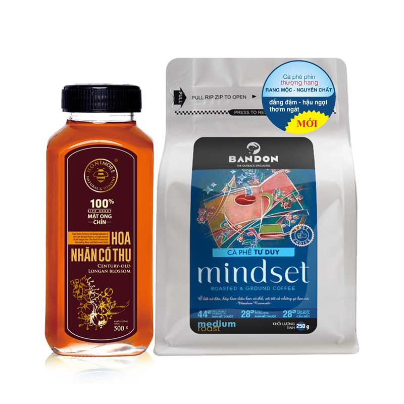 Mật ong nguyên chất Honimore Hoa Nhãn Cổ Thụ 500g + Cà phê rang xay nguyên chất mộc sạch Bandon Mindset 250g