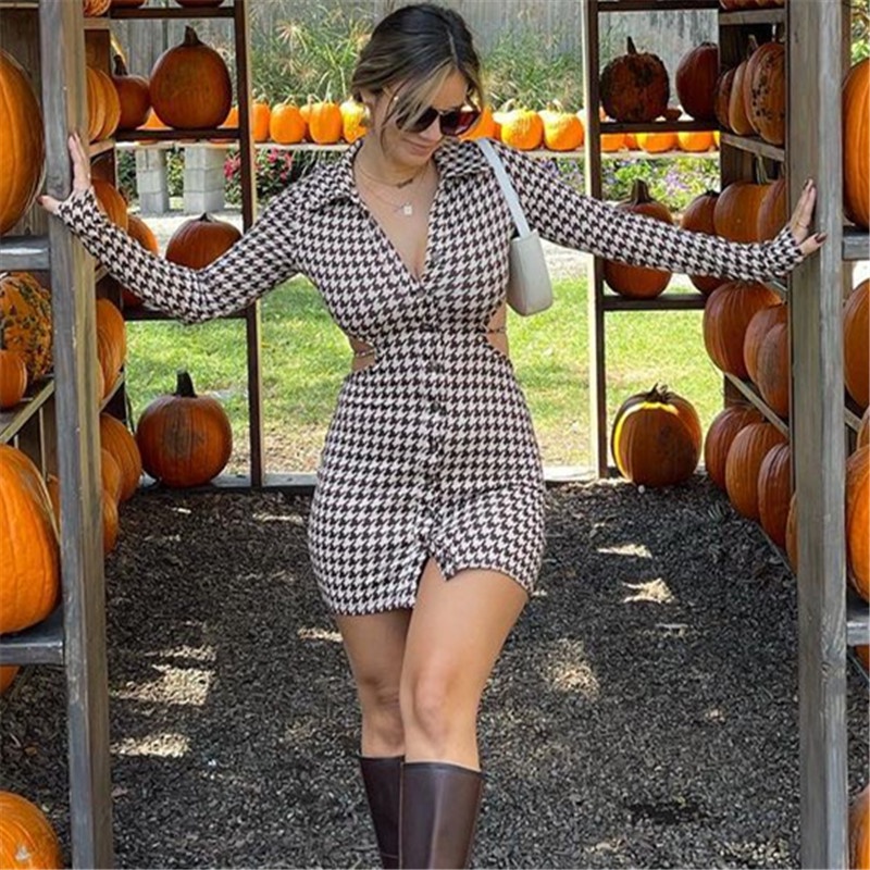 DUNEA Đầm cổ bẻ thắt dây in họa tiết houndstooth thời trang cho nữ