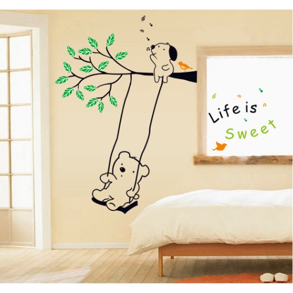 Decal trang trí tường Gấu chơi xích đu trên nhánh cây Life is Sweet