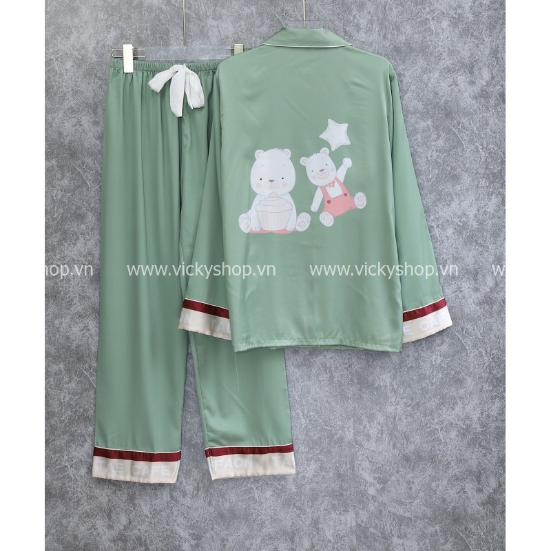 [Hàng Sẵn chuyên Sỉ] B142  Bộ đồ ngủ pijama lụa QCCC, tay dài quần dài in hình siêu dễ thương, chất đẹp mềm mịn.