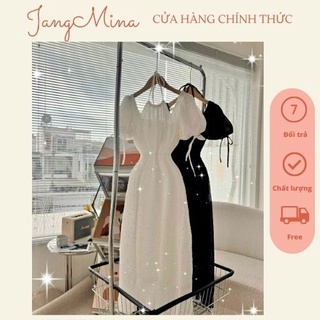 Váy đầm maxi ren bi cổ yếm tay ngắn nơ nhún phồng xinh đẹp - jangmina shop