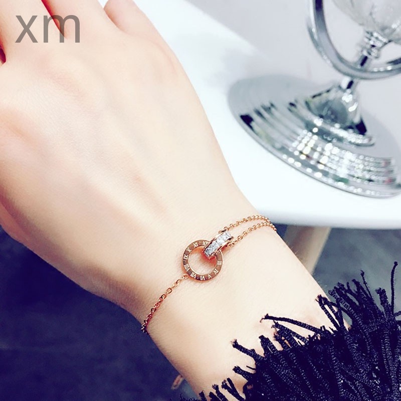 Vòng Đeo Tay Nhẫn Đôi Khắc Số La Mã Sang Trọng | Vòng Tay Mạ Vàng Hồng 18k Đính Kim Cương Giả Bằng Thép Không Gỉ | Trang Sức Bằng Thép Titan Dễ Lên Màu
