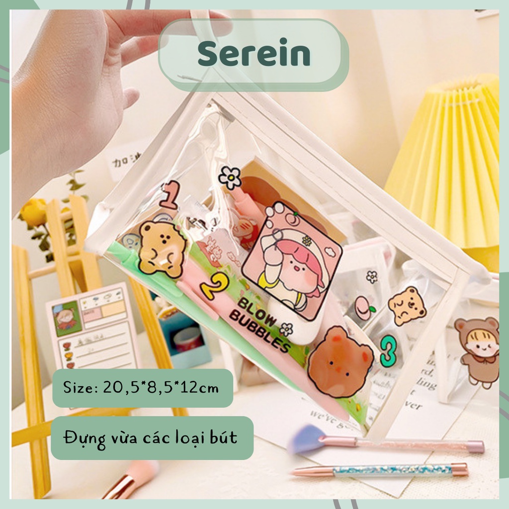 Hộp bút trong suốt cute SEREIN, túi đựng bút trong suốt họa tiết dễ thương chống nước văn phòng phẩm phong cách Hàn Quốc