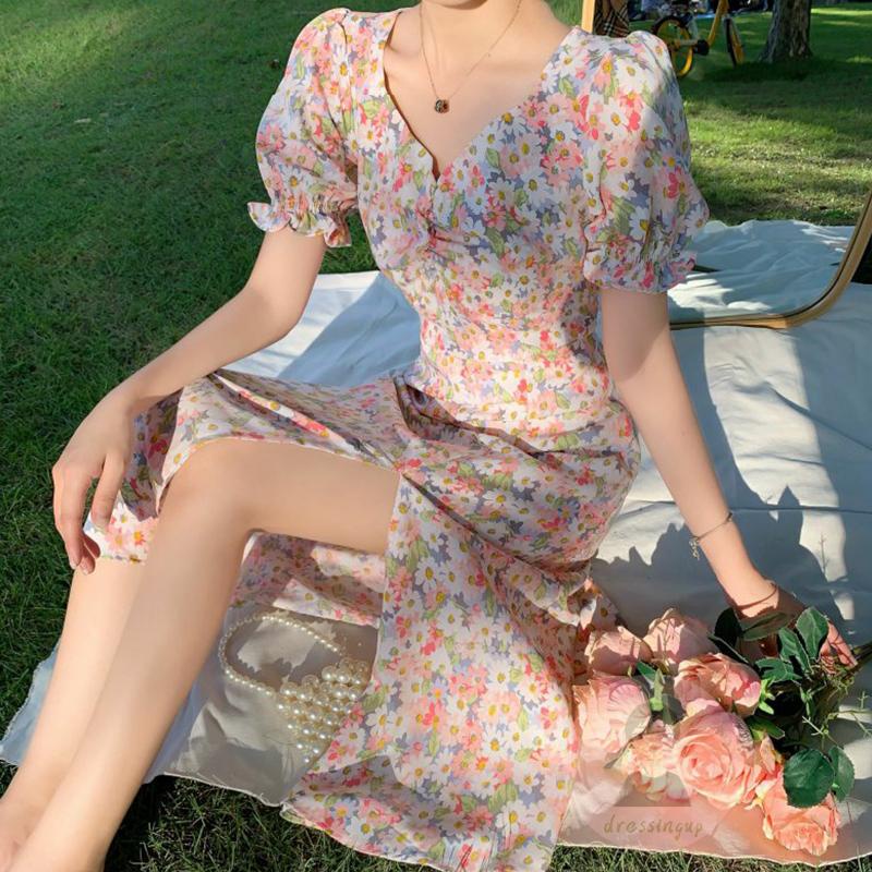 Đầm Hoa Tay Phồng Cổ Chữ V Xẻ Tà Thời Trang Mùa Hè Cho Nữ