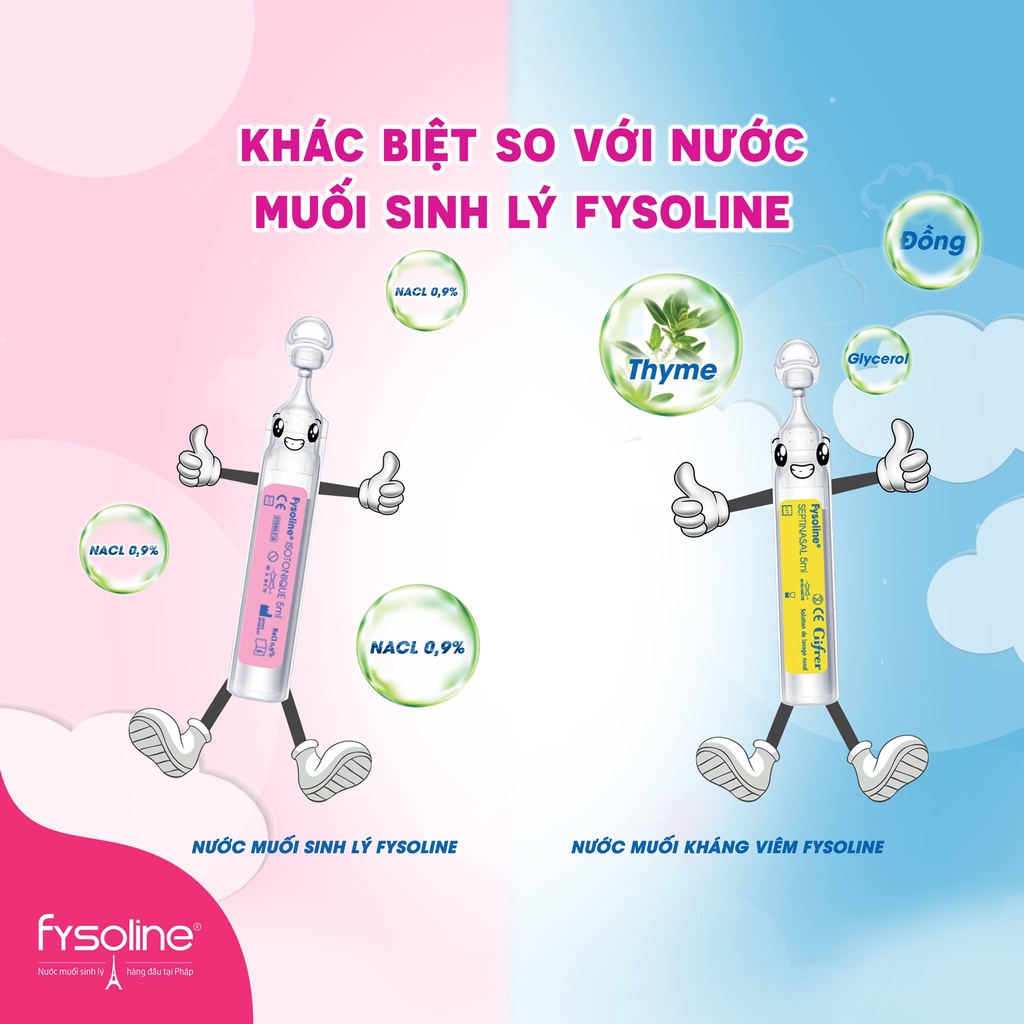 Combo Nước muối sinh lý Fysoline Gifrer vệ sinh mắt, mũi, miệng hàng ngày hiệu quả cho bé Hồng 40 ống + Vàng 20 ống