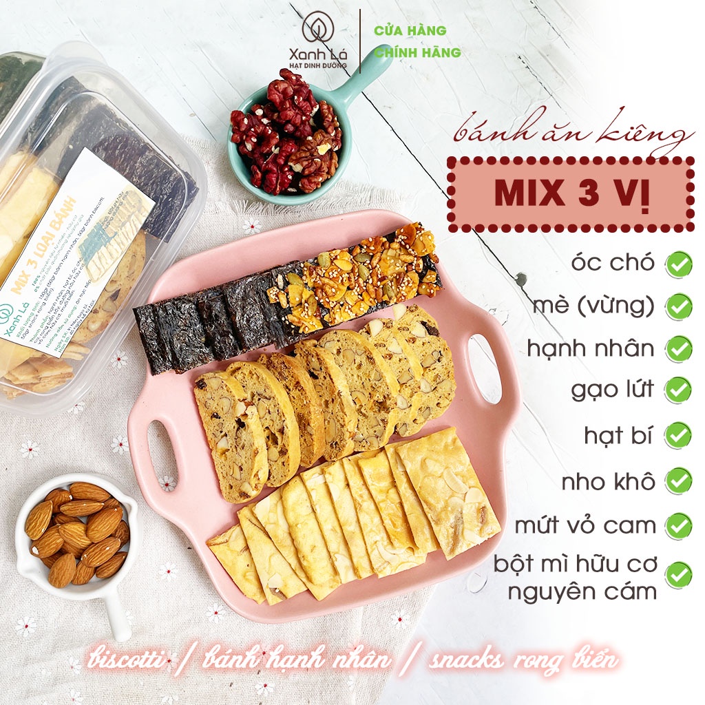 Bánh hạt ngũ cốc ăn vặt healthy - mix 3 loại bánh ăn kiêng, giảm cân lành mạnh KHÔNG BƠ SỮA Xanh Lá