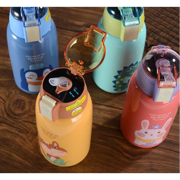 Bình nước giữ nhiệt hình thú trẻ em có hiển thị nhiệt độ 500ml kèm túi đựng