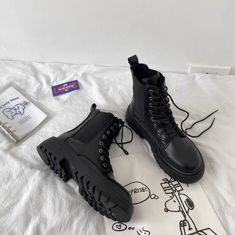 Giày boot Nữ Cổ Cao, giày bốt nữ cao cổ Martin Bốt Cổ Cao Phong Cách Hàn Quốc Đế Răng Cưa da lì | BigBuy360 - bigbuy360.vn